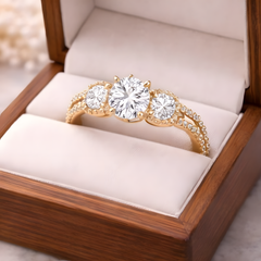 Three-Stone Round Halo Ring (Trilogy) with Split Shank Pavé