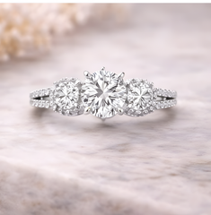 Three-Stone Round Halo Ring (Trilogy) with Split Shank Pavé