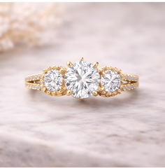 Three-Stone Round Halo Ring (Trilogy) with Split Shank Pavé